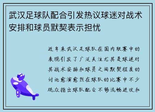 武汉足球队配合引发热议球迷对战术安排和球员默契表示担忧