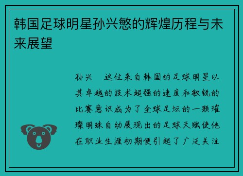 韩国足球明星孙兴慜的辉煌历程与未来展望